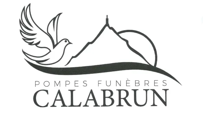 Logo des Pompes Funèbres Calabrun avec colombe, montagne et soleil.